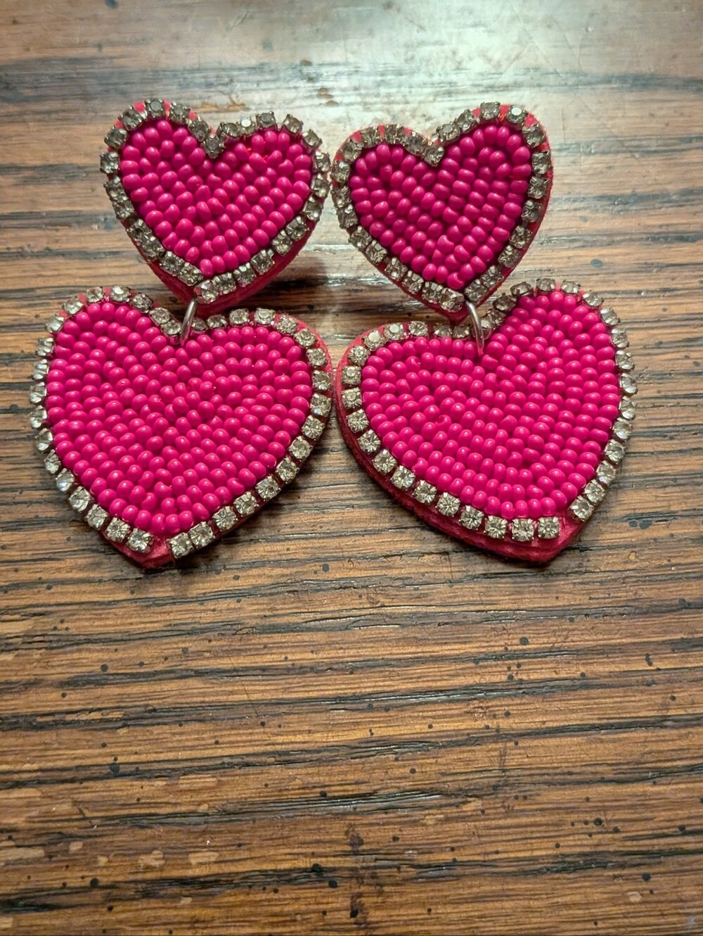 Hot Pink Beaded Heart Drop Earrings - Women Jewelry